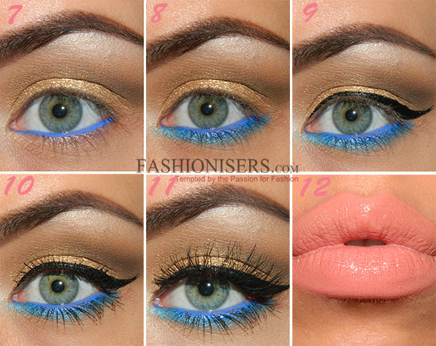 Gold Makeup Tutorial with Blue Under-Eye Liner