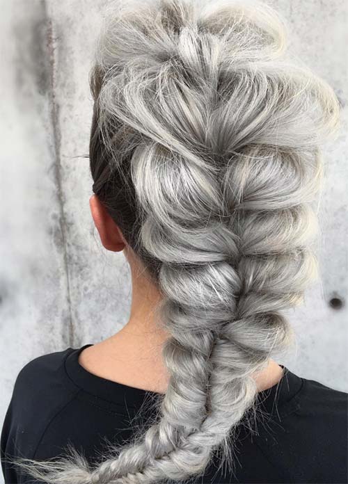Granny Silver/ Grey Hair Color Ideas: Cloudy Silver French Braid