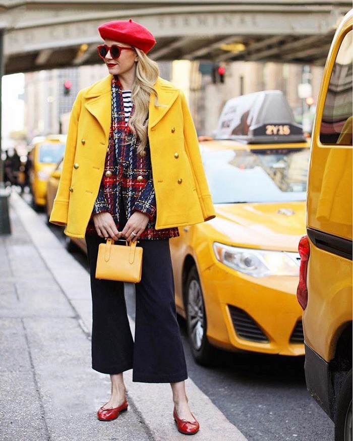 Colorful Outfits to Brighten Up the Cold Days plaid blazer yellow coat black jeans