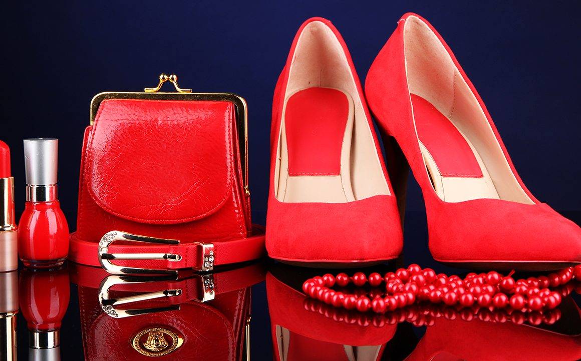 Beautiful red female accessories and cosmetics,