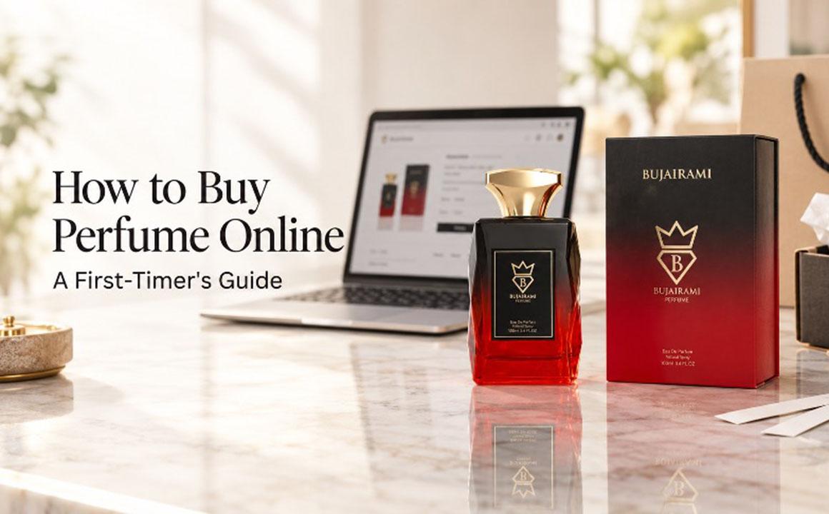 lap top with a perfume bottle